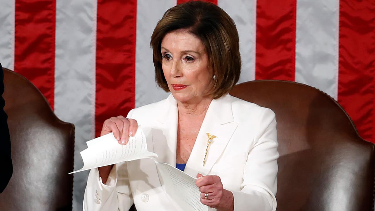Photo of House Speaker Nancy Pelosi ripping up President Donald Trump's speech