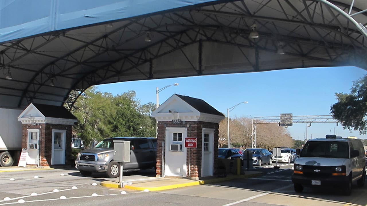 Photo of the entrance to the Naval Air Base Station in Pensacola, Fla.