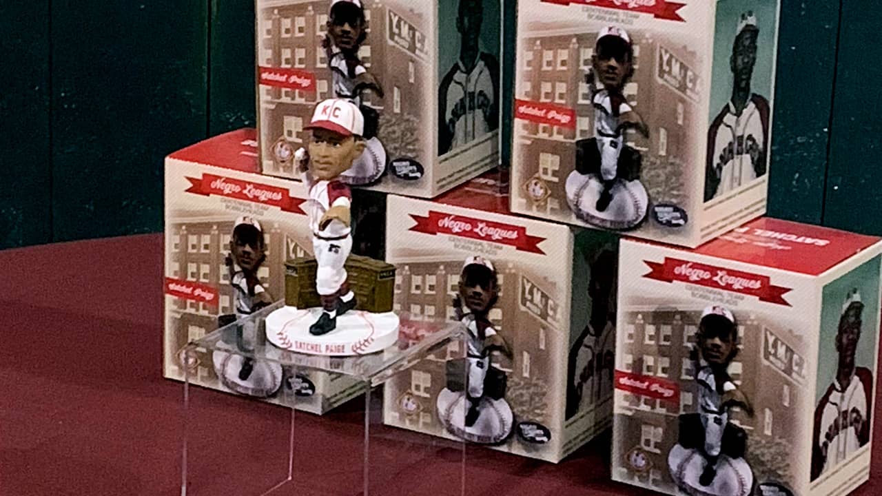 Photo of bobbleheads of former Negro League pitcher Satchel Paige of the Kansas City Monarchs