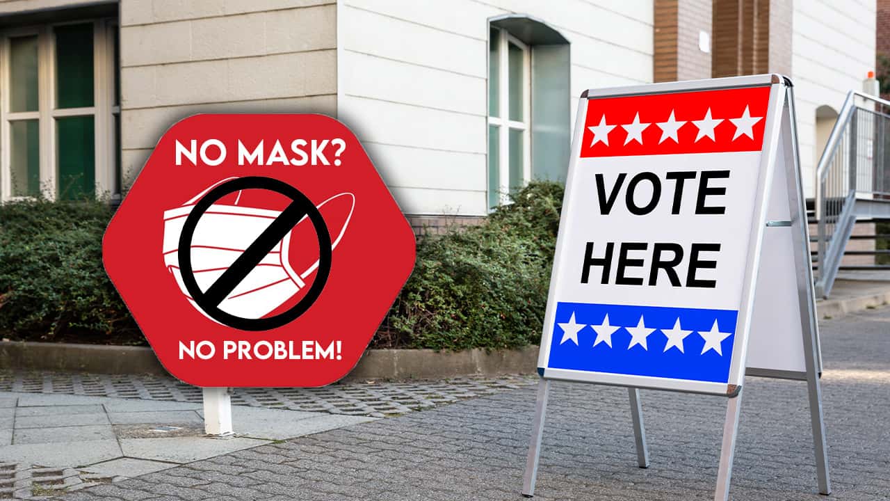A composite image showing a No Mask No Problem sign next to a polling site