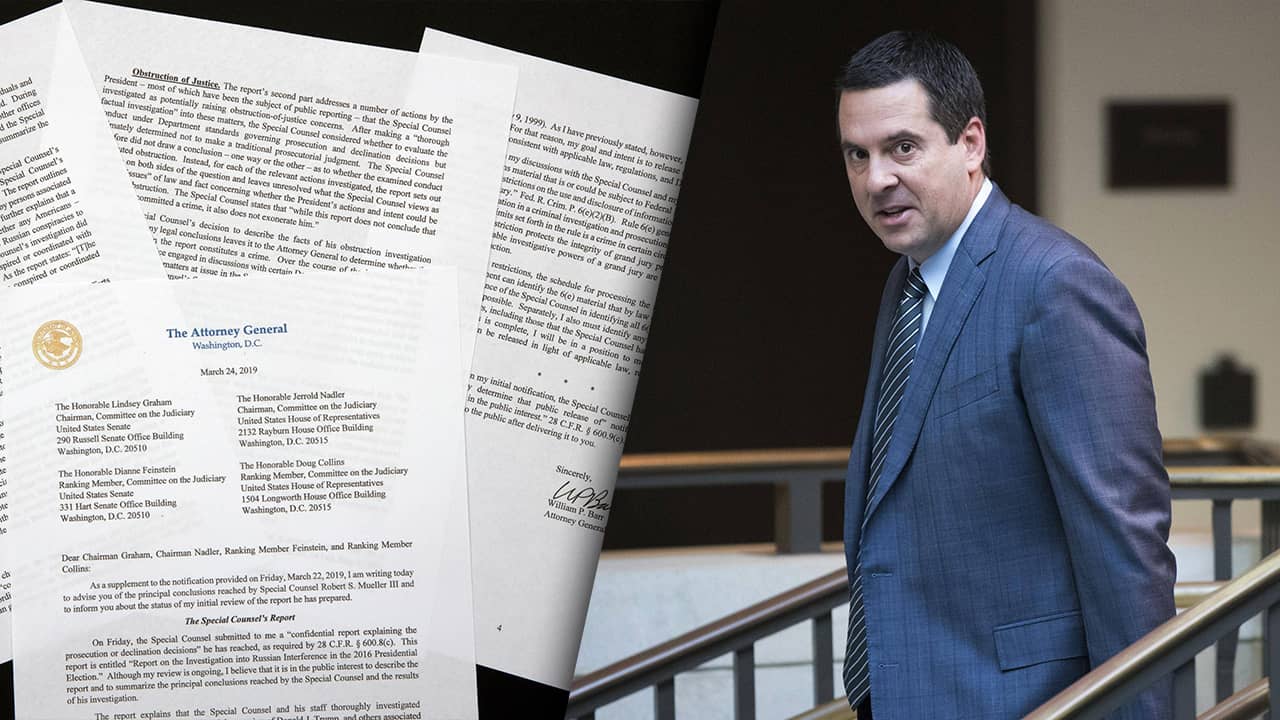 Composite illustration of AG Barr's summary of the Mueller Report and a photo of Rep. Devin Nunes