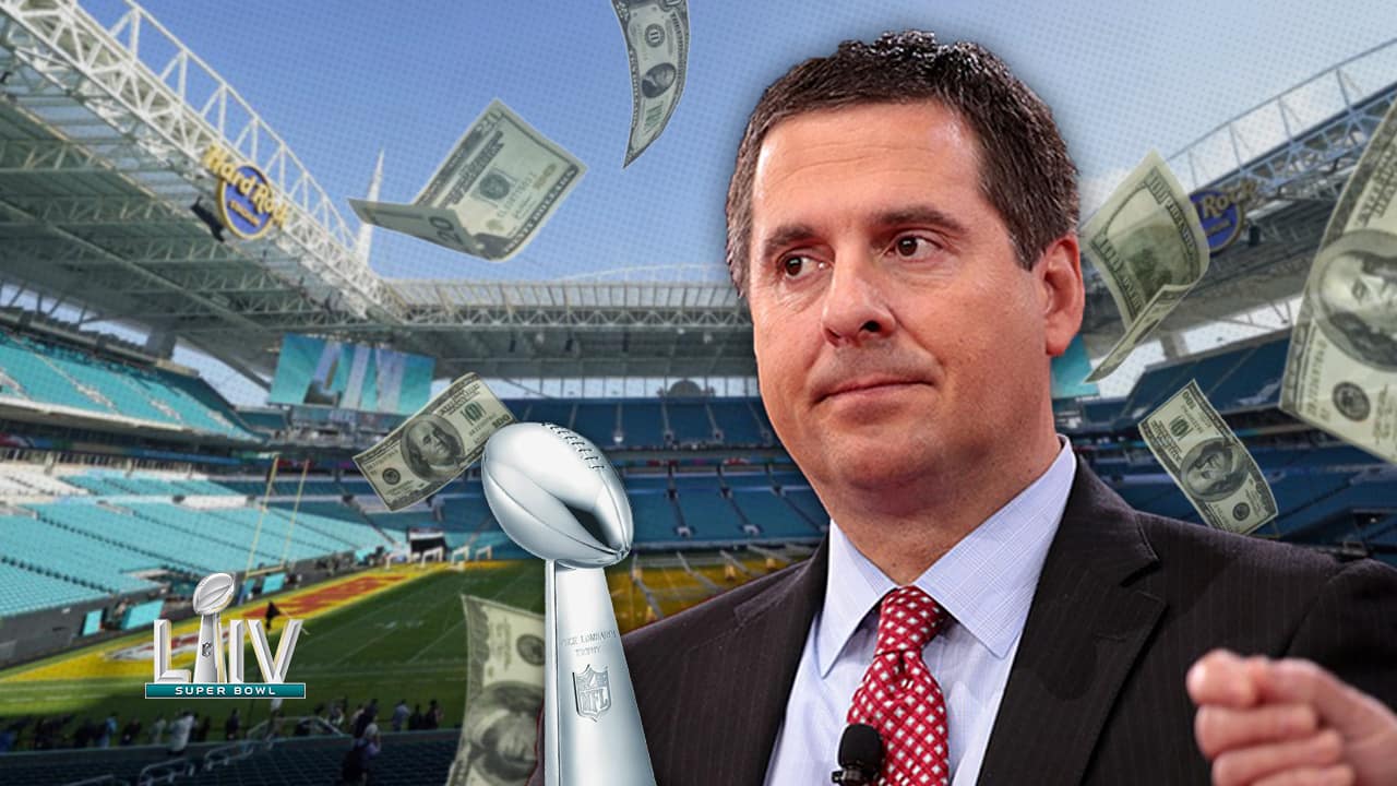 Photo illustration of Rep. Devin Nunes at the Super Bowl with money flying around him
