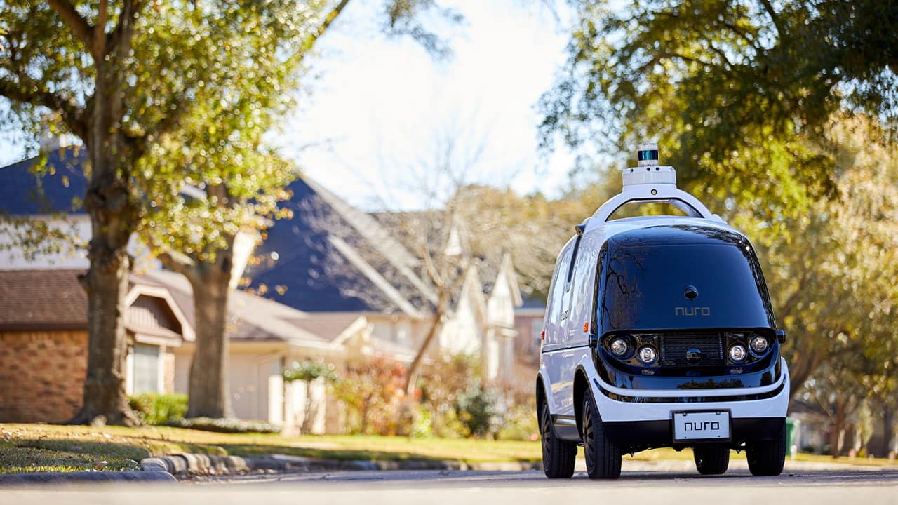 Photo of Nuro's self-driving vehicle "R2" on a neighborhood street