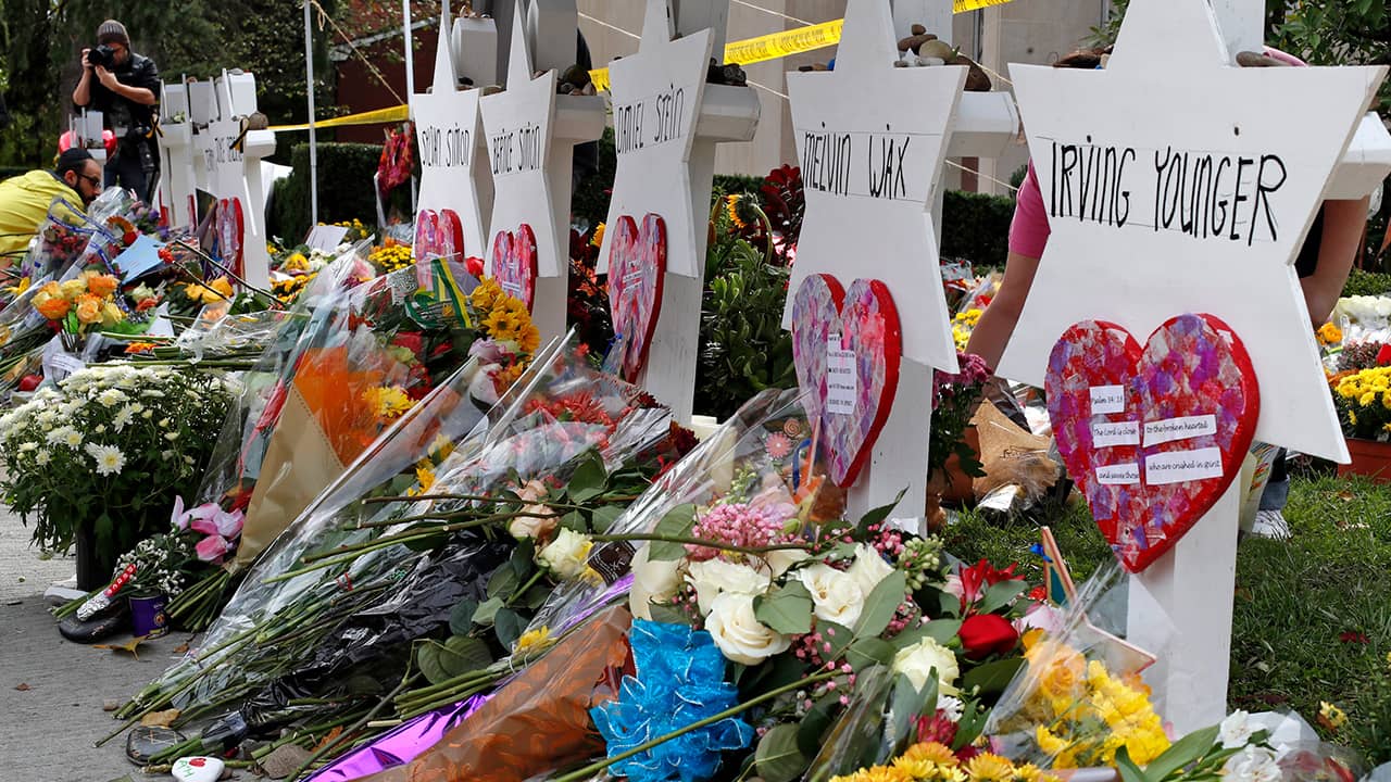 Photo of memorials outside the Tree of Life Synagogue