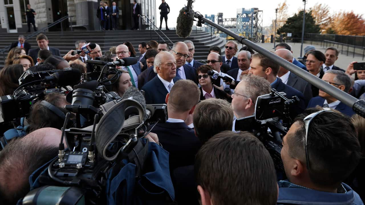 Photo of Attorney Joe Rice speaking to the media 