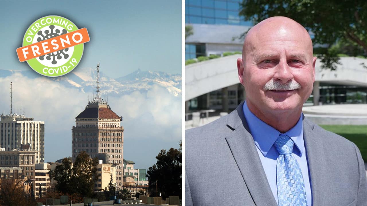 composite of Fresno Mayor-elect Jerry Dyer, the Fresno skyline and COVID-19 symbol an