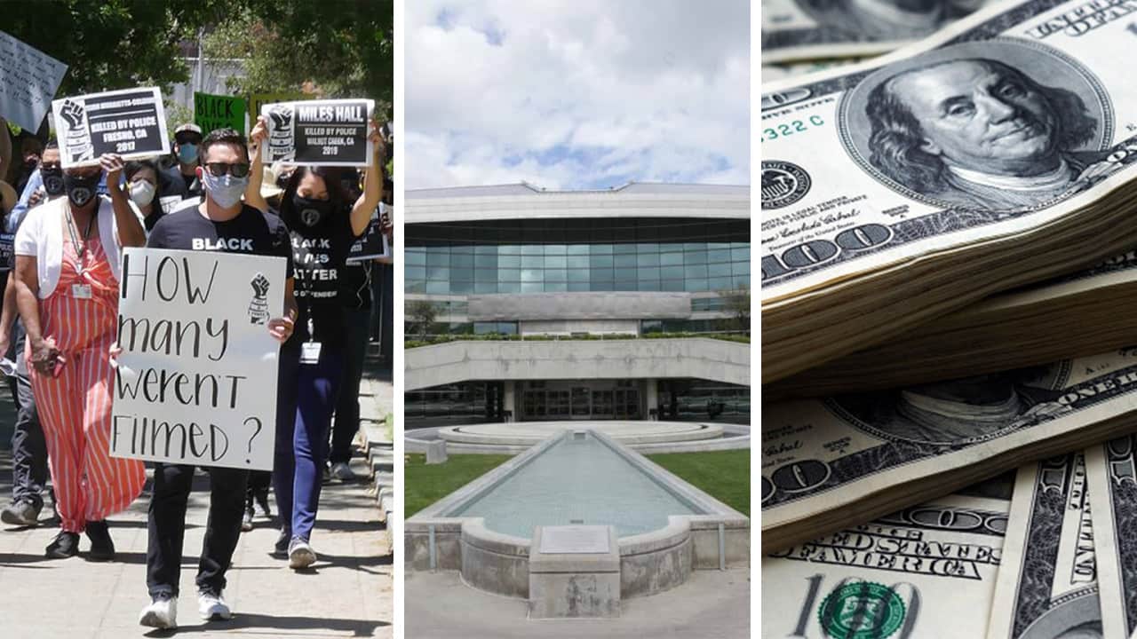 collage of Fresno police protests, City Hall and $50 bills signifying the Fresno city budgets