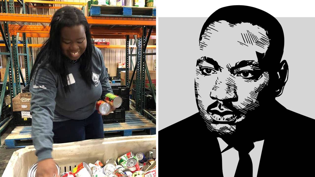 Montage of a photo of a volunteer sorting cans of food a homeless shelter and a line drawing of Martin Luther King Jr.