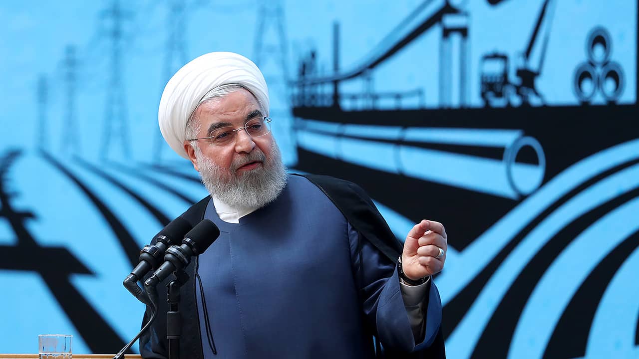 Photo of Iranian President Hassan Rouhani speaking at a conference in Tehran, Iran