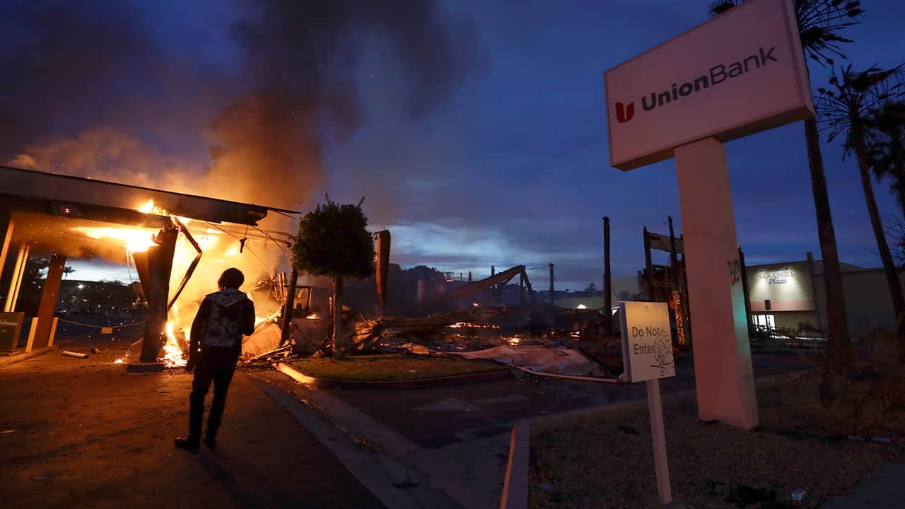 Photo of a burning bank in La Mesa 