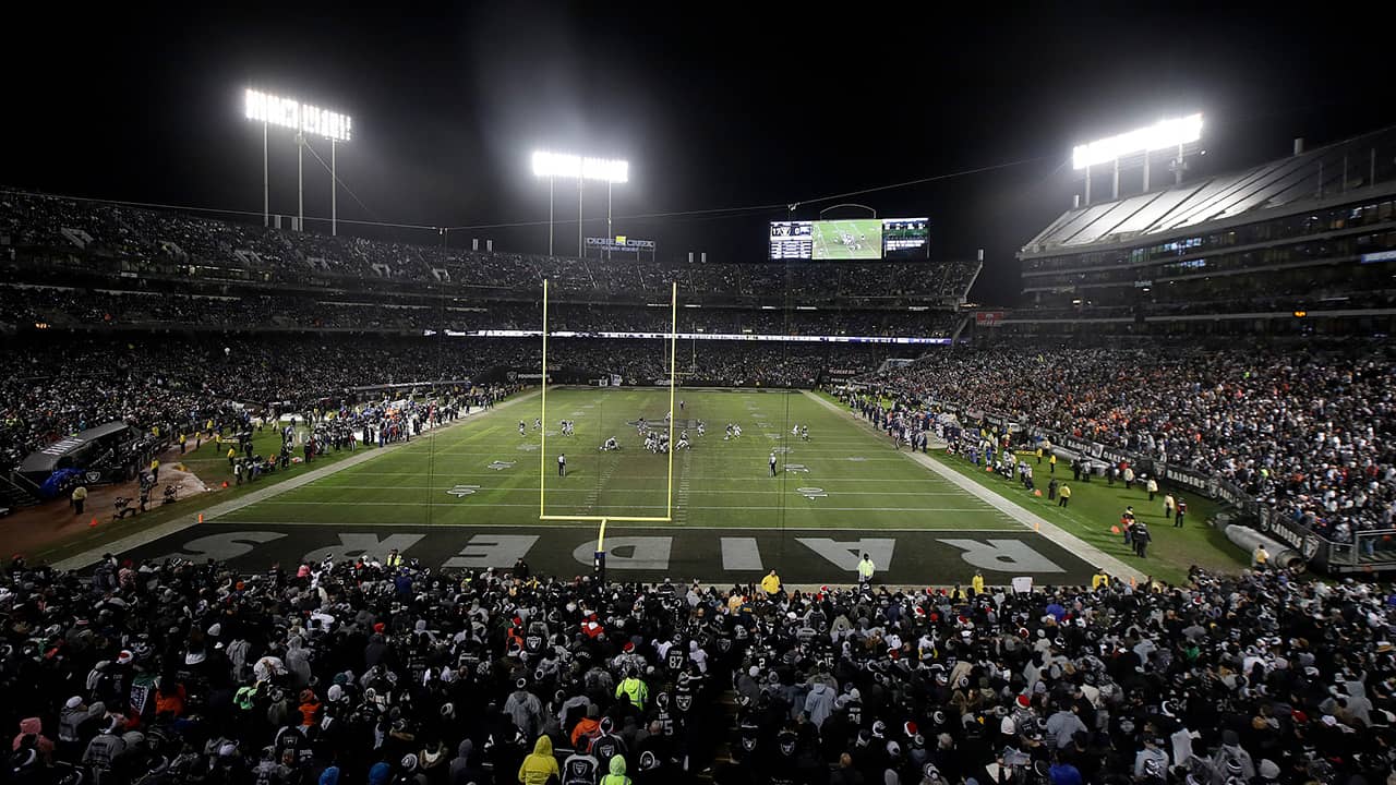 Photo of a general view at Oakland Alameda County Coliseum during the second half of an NFL football game
