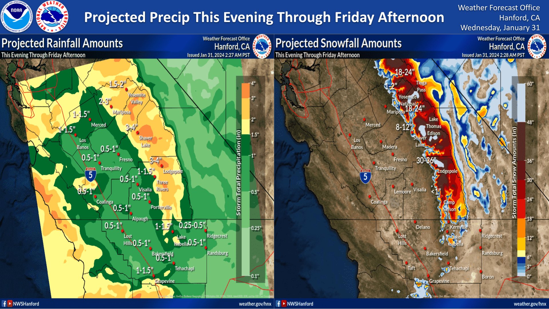 NWS Hanford Rain/Snow Projections Feb.1 2024