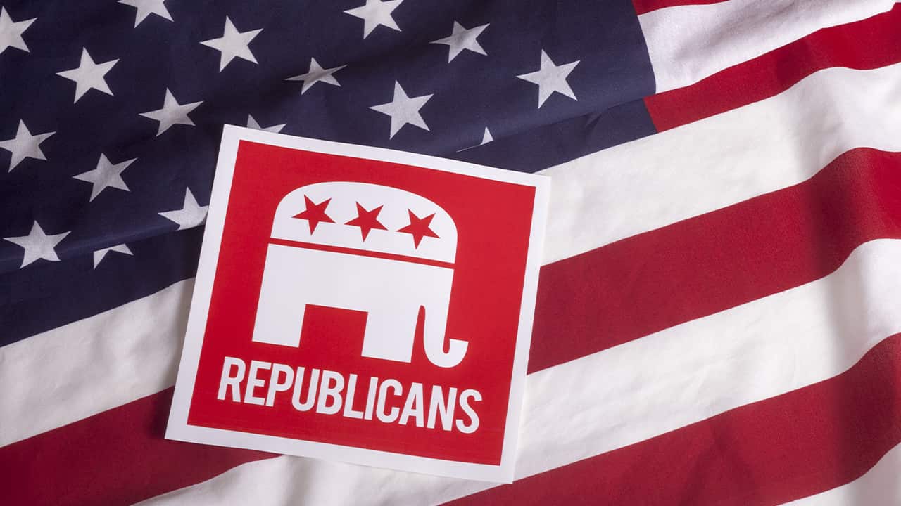Photo of a Republican sign on an American flag