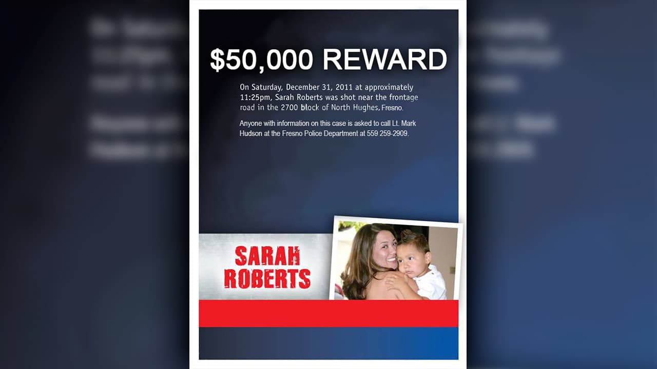 Composite of a murder victim with her child and $50,000 reward headline