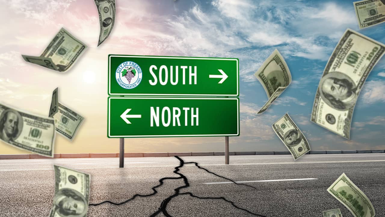 Composite illustrating the tug-o-war between north and south Fresno over street funding