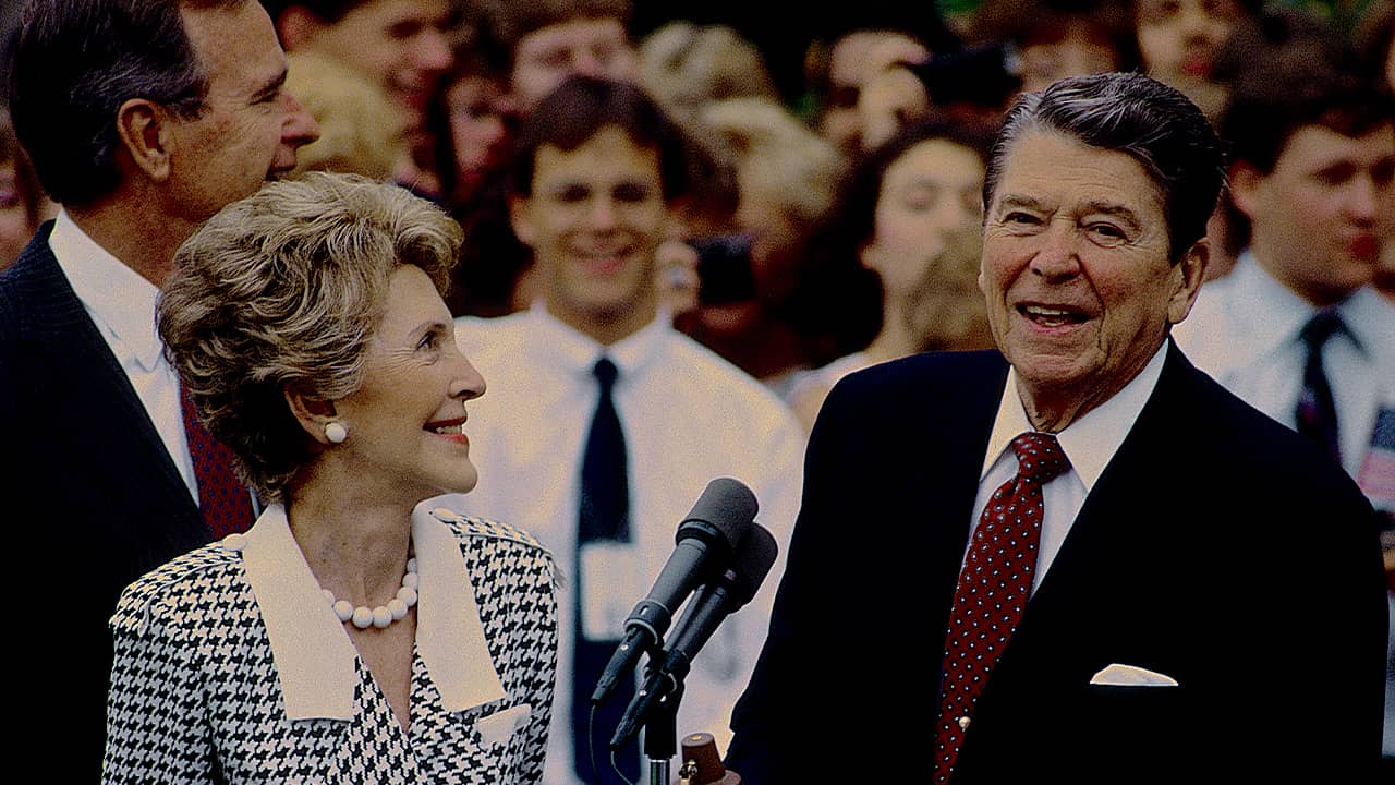 Photo of President Ronald Reagan and First Lady Nancy Reagan along with Vice-President George H.W. Bush