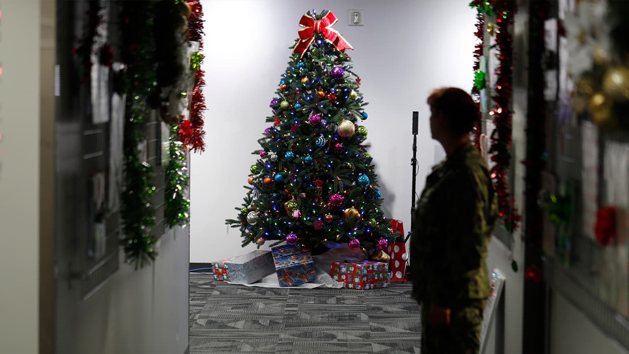 Photo of a Christmas tree in the NORAD Tracks Santa Center at Peterson Air Force Base
