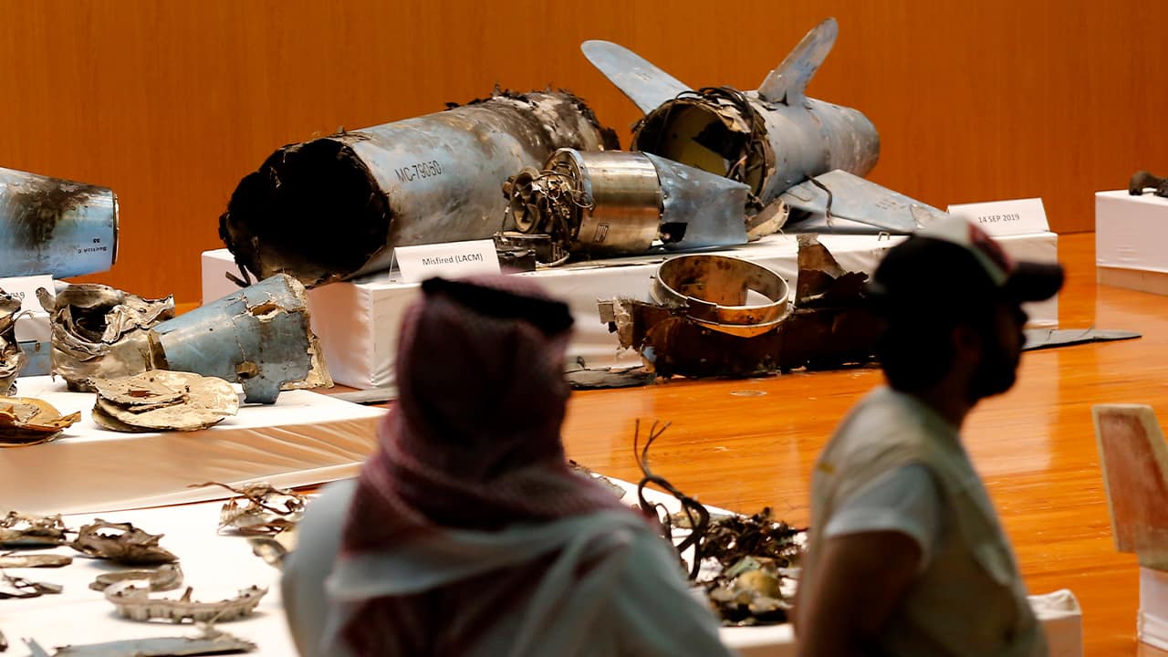 Photo of Saudi military display of what they say are an Iranian cruise missile and drones used in recent attacks on its oil industry at Saudi Aramco's facilities in Abqaiq and Khurais 
