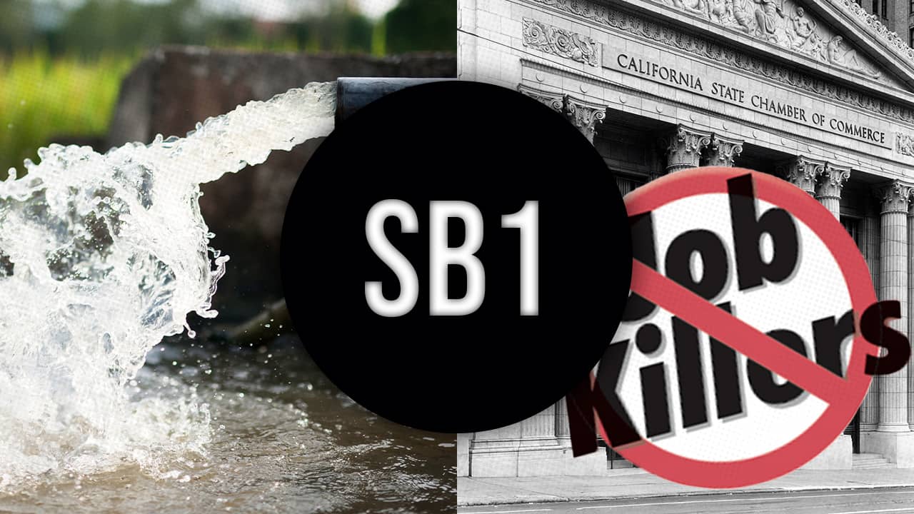 Composite photo of water coming out of an irrigation pipe, SB 1, and job killer logot