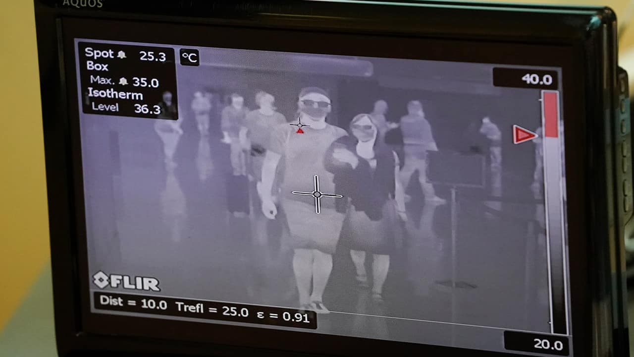 Photo of a thermography screen scanning passengers passing through quarantine 