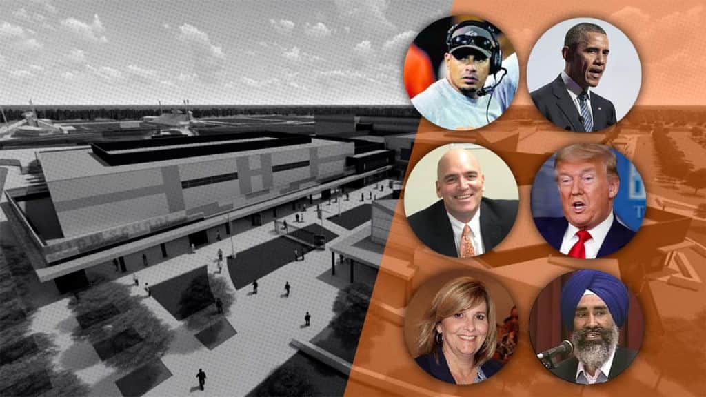 rendering of new Central Unified high school combined with portraits of leaders who have been suggested as the name for the school
