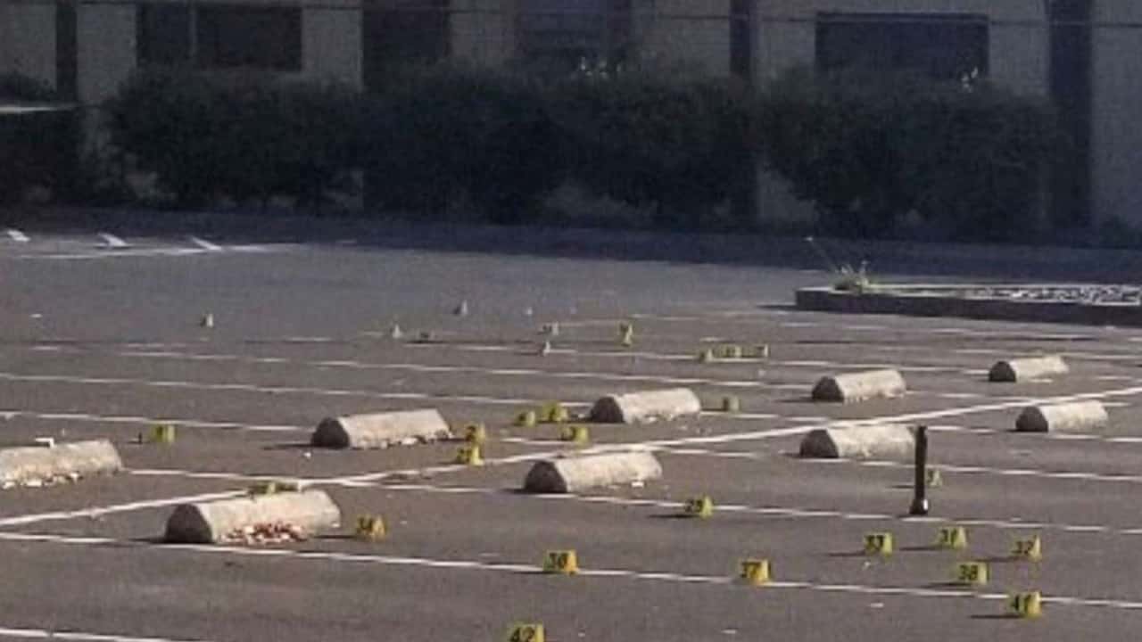 Photo of crime scene evidence markers at the parking lot of the Searles Elementary School in Union City