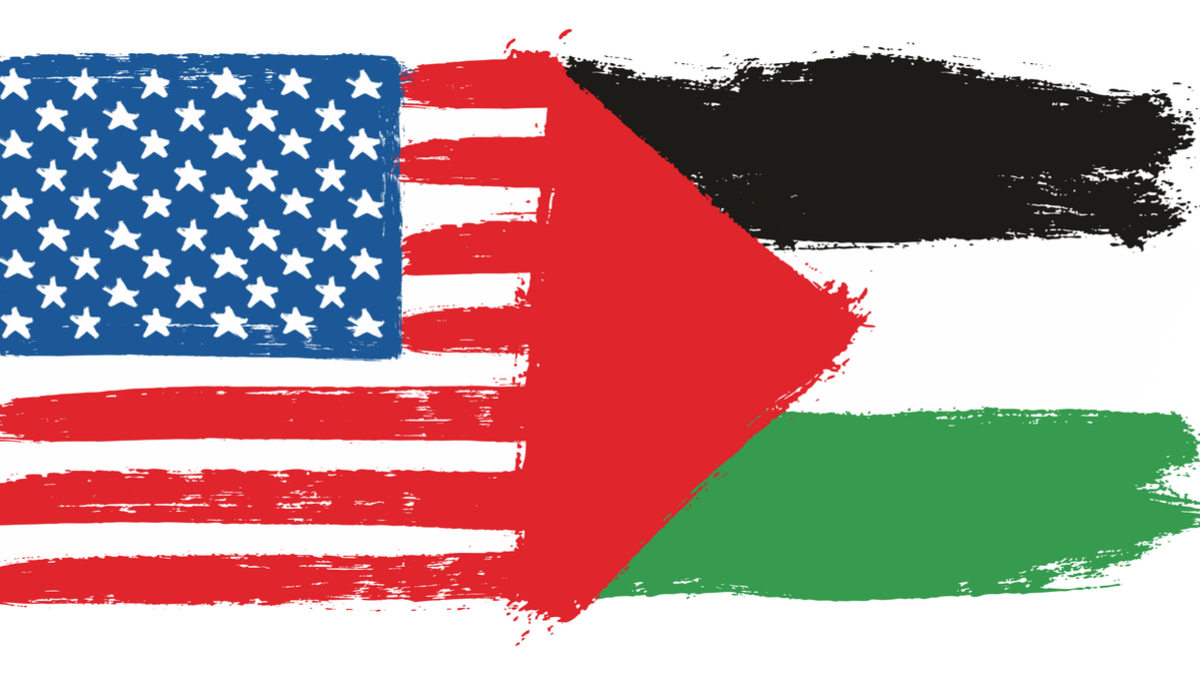 Painted illustration of U.S. and Palestinian flags