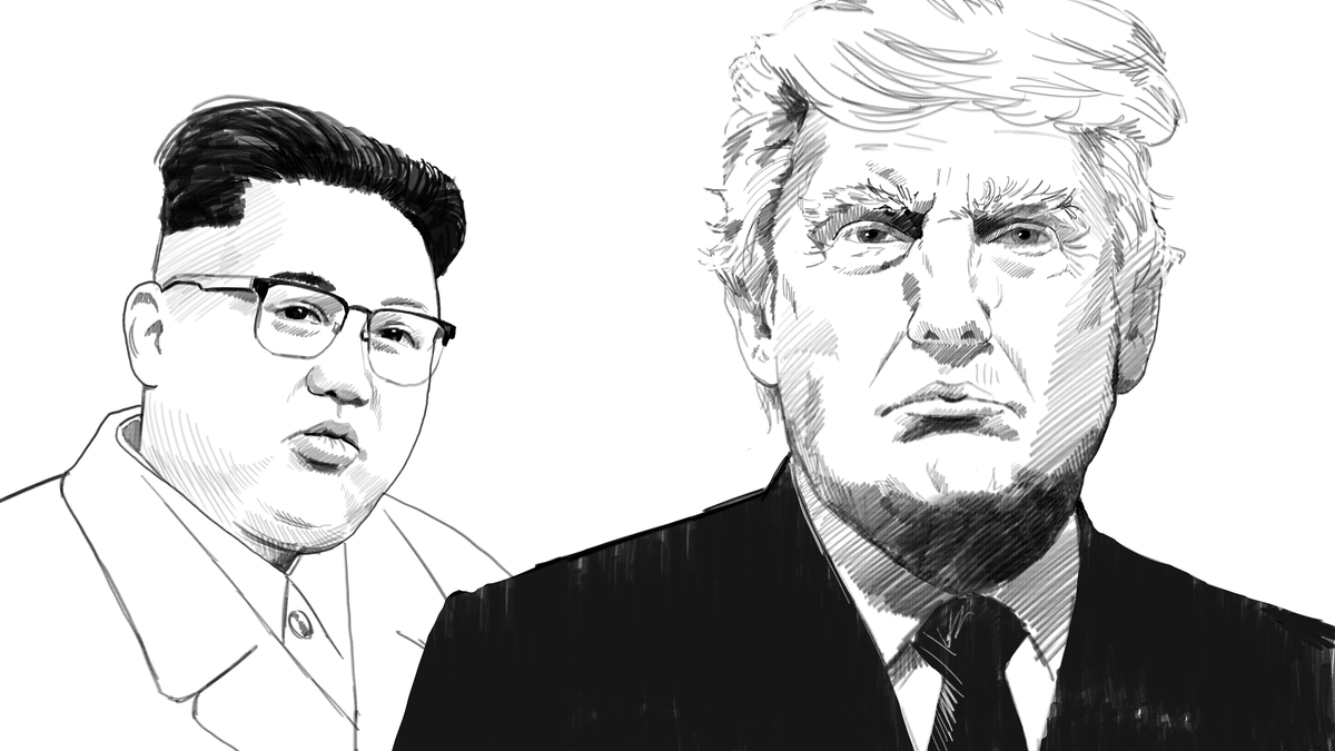 Portrait drawings of North Korea's Kim Jong Un and President Donald Trump