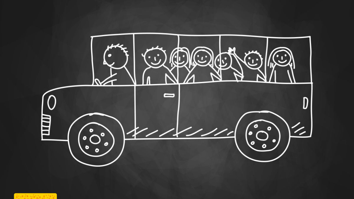 chalkboard drawing of a school bus filled with kids