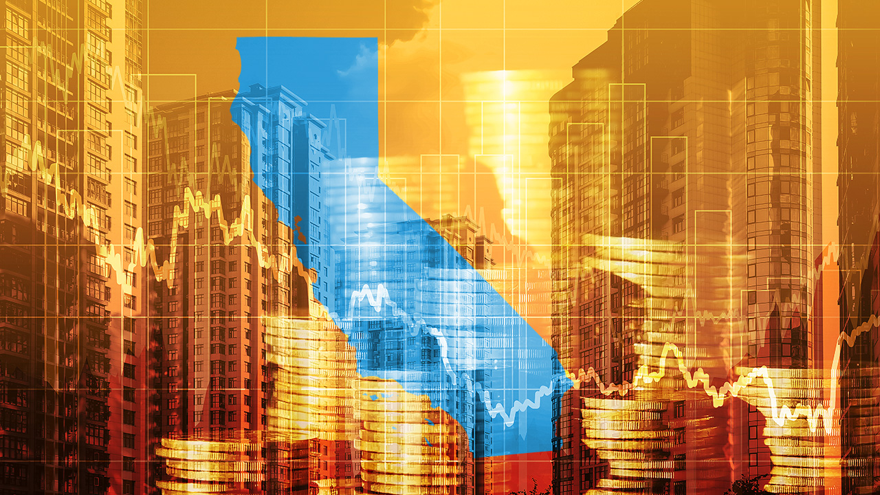 Concept art of gold coins, skyscrapers, and trendlines