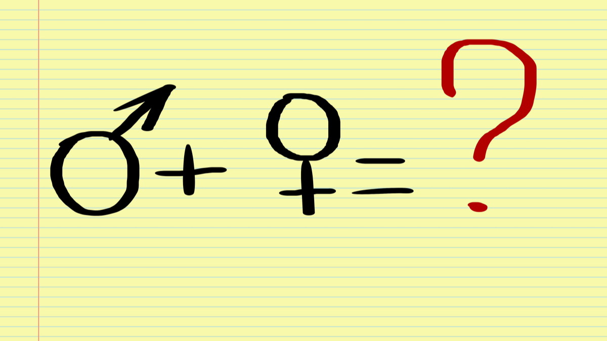 Symbol of man plus woman equals question mark.