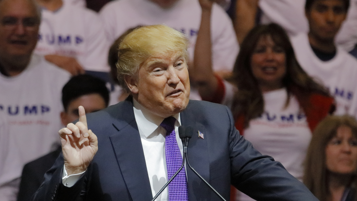 Donald Trump makes a point to the crowd.