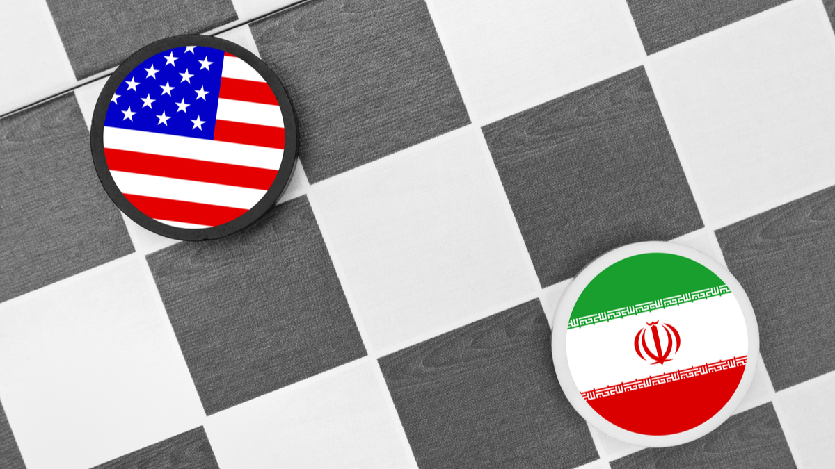 Illustration of US and Iran flags on a checkerboard