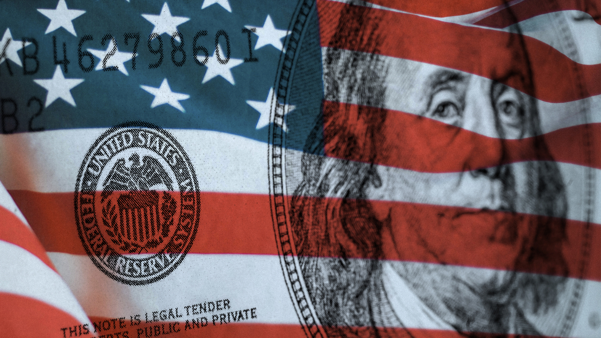 Federal Reserve Bank symbolized by American flag and Ben Franklin's image on a $100 bill