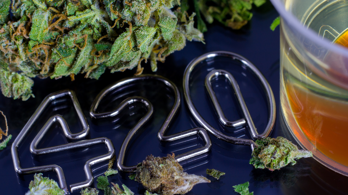 Image of marijuana bud, cannabis oil and the numbers 420
