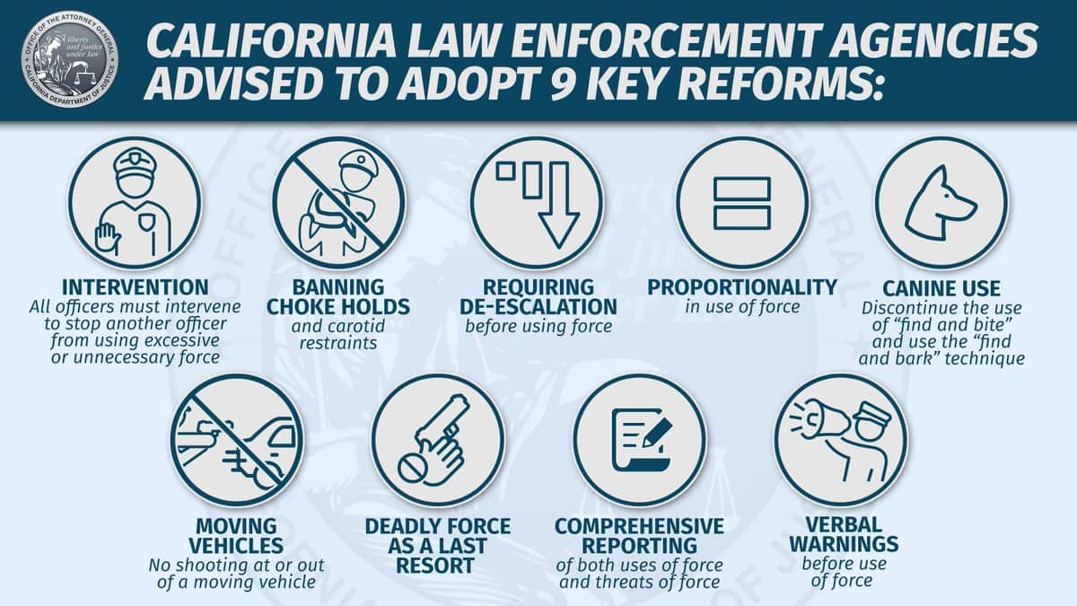 Graphic of 9 Key Police Reforms recommended by California AG Xavier Becerrao