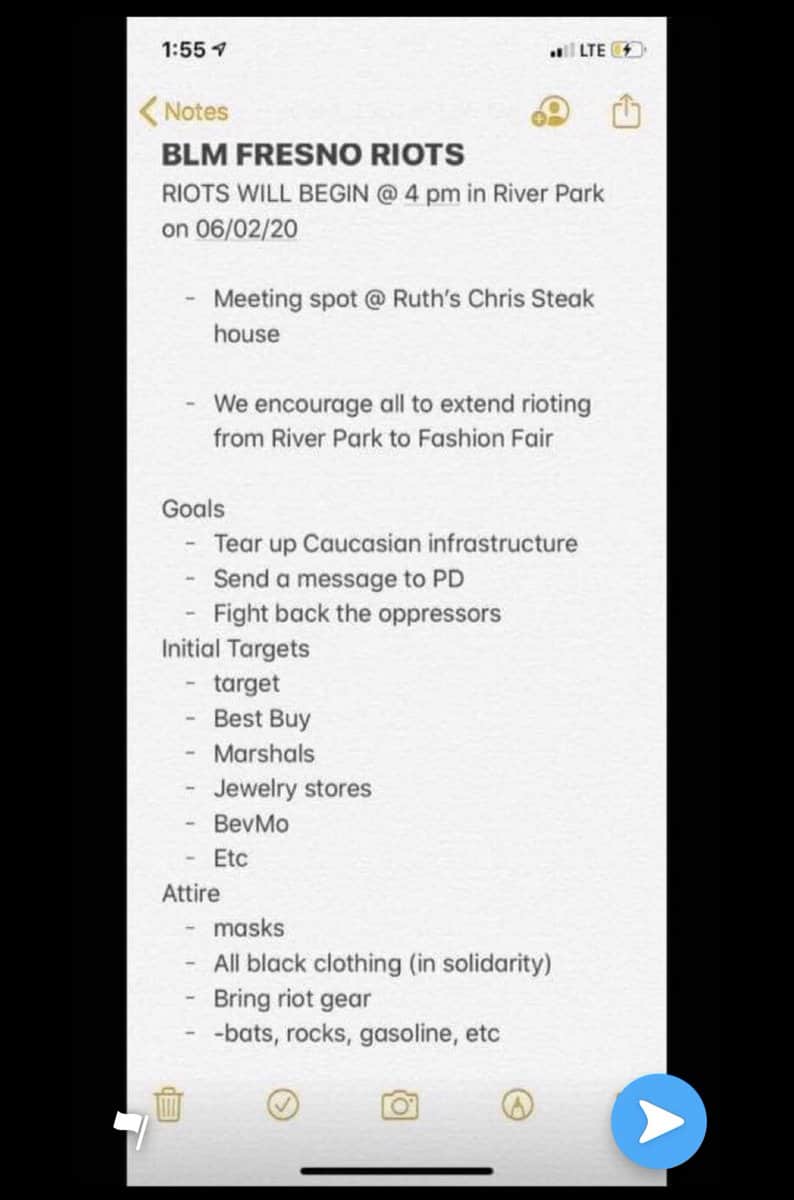 Image of a post saying there will be Black Lives Matter riots on Tuesday, June 2, in Fresno, California. Black leaders say the post is fake.