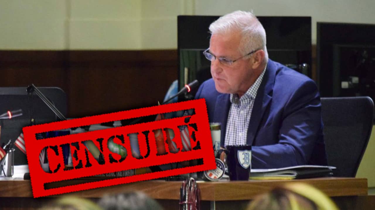 Photo of FUSD Trustee Terry Slatic with a "Censure" stamp