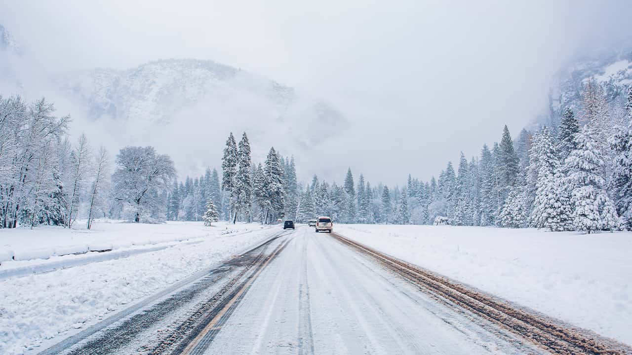 Photo of a snow covered road in Yosemite National Park