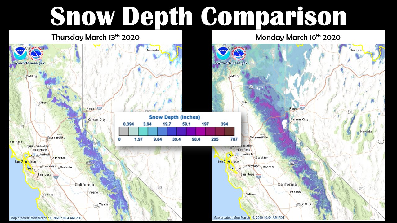 Snow depth comparison chart for Sierra Nevada, March 13, 2020 vs. March 16, 20206