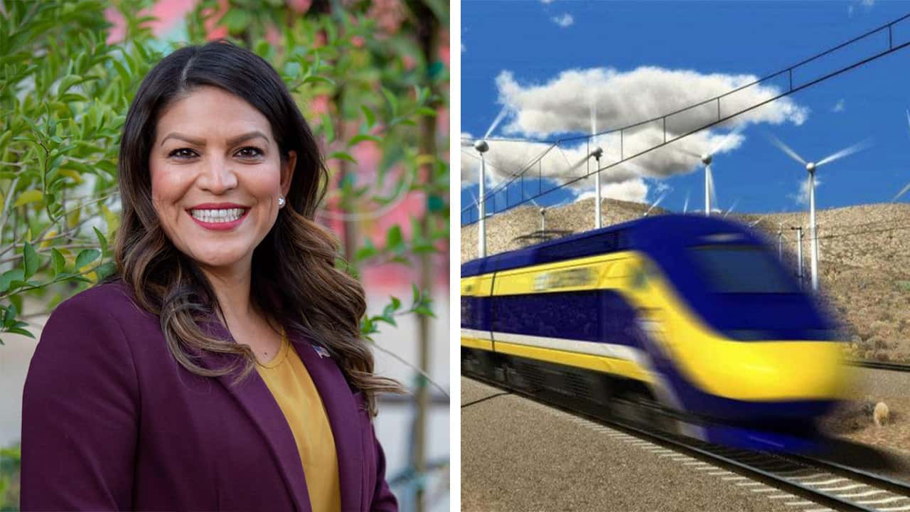 Side-by-side panel images of Esmeralda Soria and a bullet train ide p0