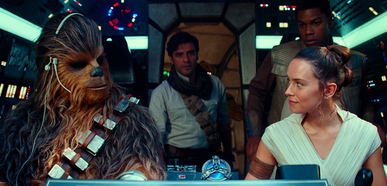 Photo of Joonas Suotamo as Chewbacca, Oscar Isaac as Poe Dameron, Daisy Ridley as Rey and John Boyega as Finn in a scene from "Star Wars: The Rise of Skywalker"