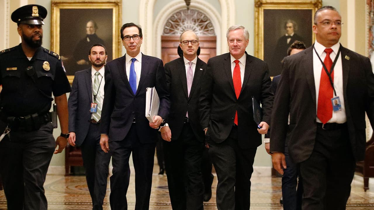 Photo of Treasury Secretary Steven Mnuchin, left, accompanied by White House Legislative Affairs Director Eric Ueland and acting White House chief of staff Mark Meadows