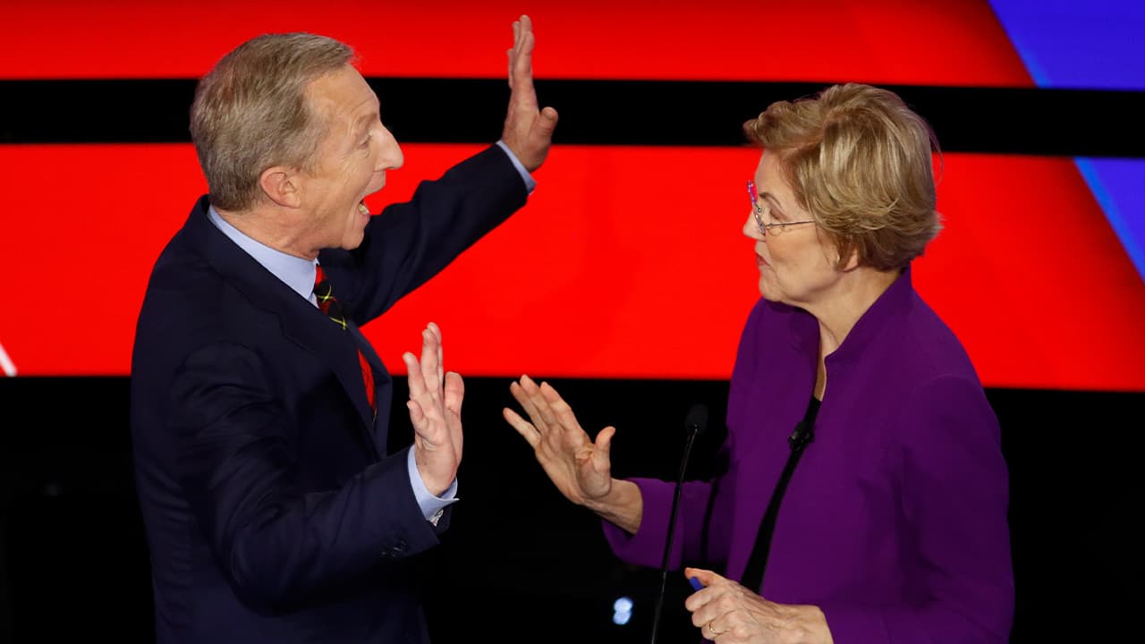 Photo of Tom Steyer and Sen. Elizabeth Warren