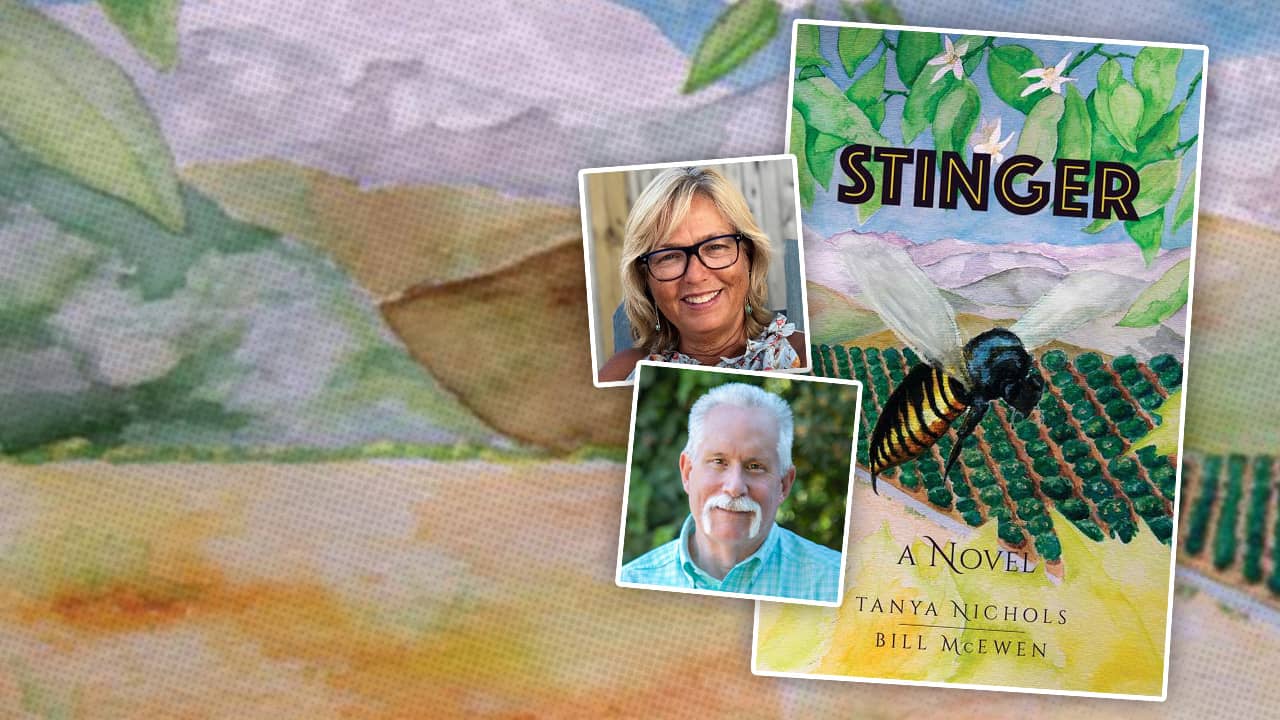 Composite image of the novel "Stinger" and portraits of authors Tanya Nichols and Bill McEwen