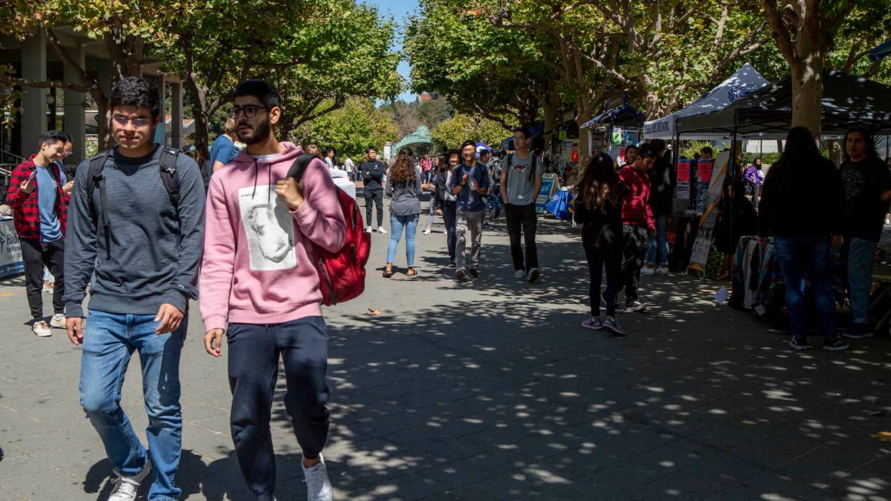 Photo of college students walking through campus