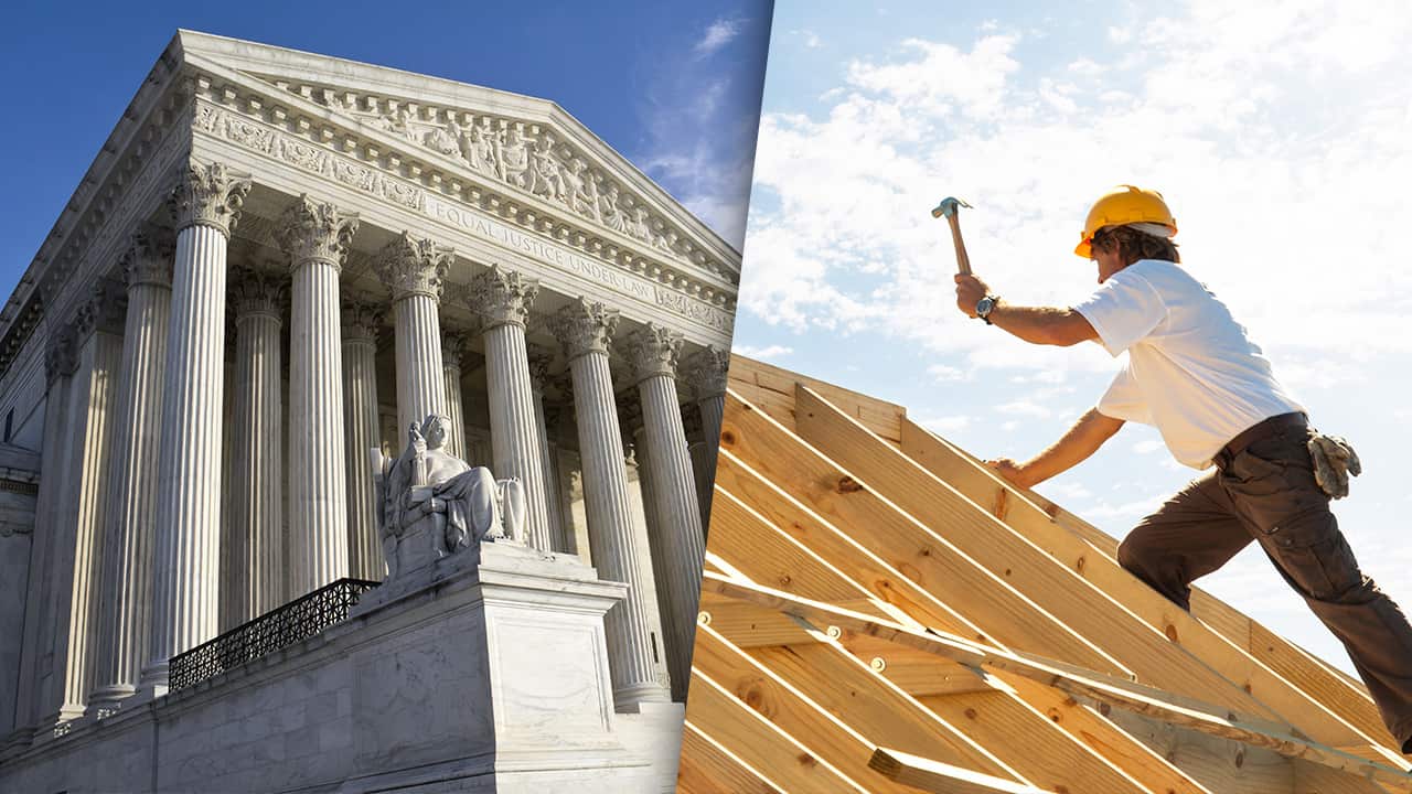 Photo combination of Supreme Court building and construction worker