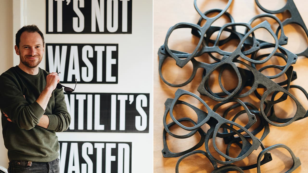 Photo of Belgian designer Sebastiaan de Neubourg, left, and a collection of frames made from recycled materials