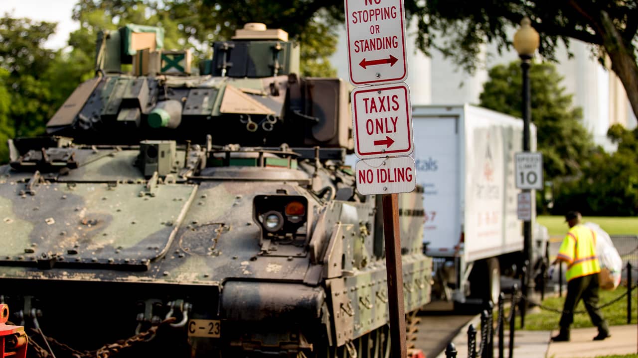 Photo of 1 of 2 Bradley Fighting Vehicles parked near the Lincoln Memorial