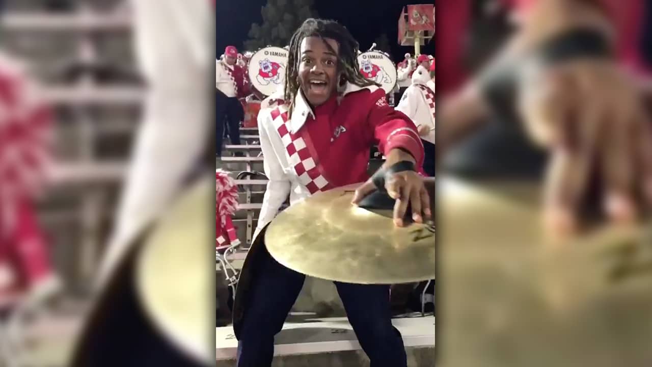 Fresno State marching band cymbals player Travis Morris